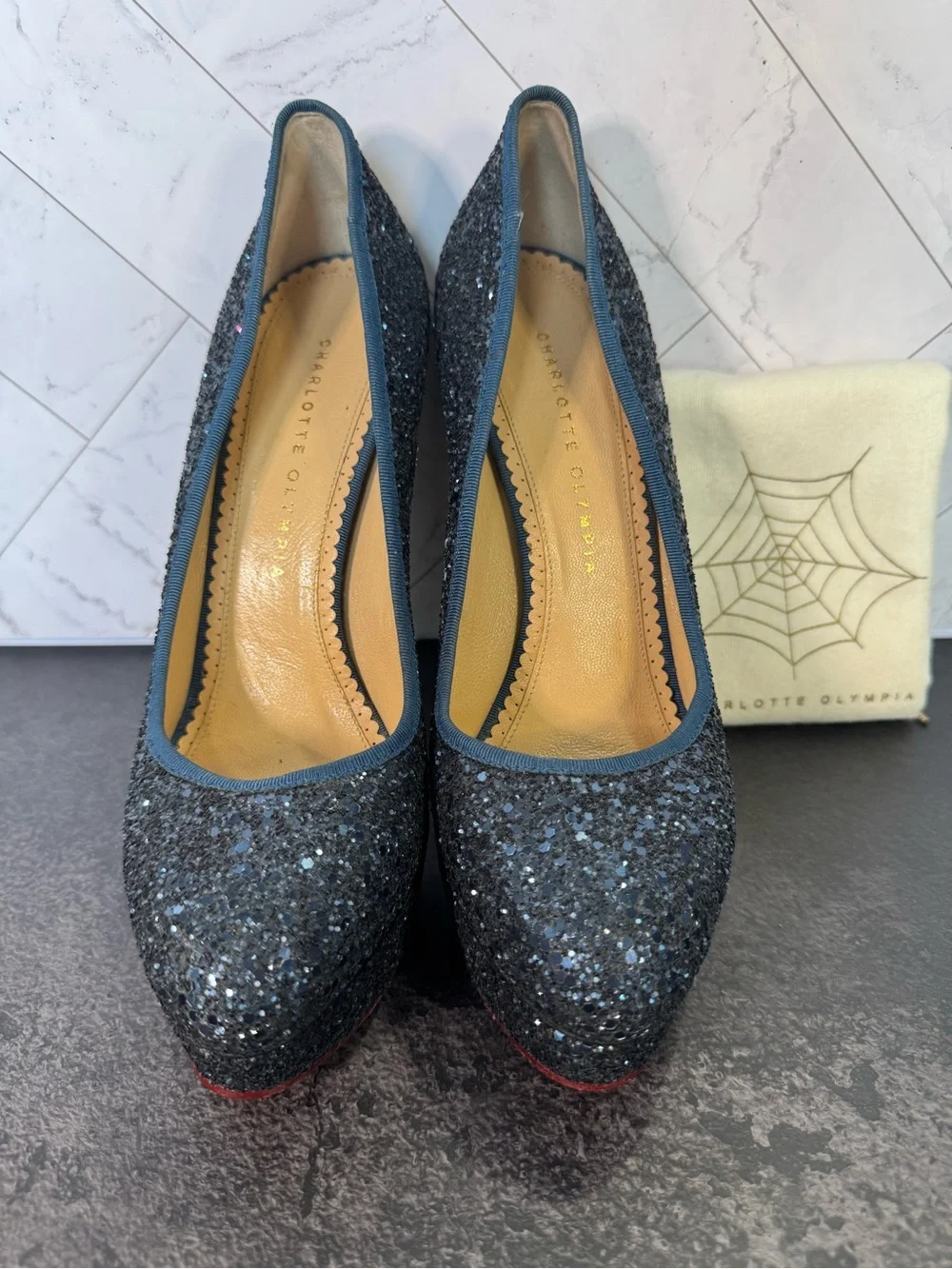 Charlotte Olympia Blue Glitter Platform Pump Heels, Size 40